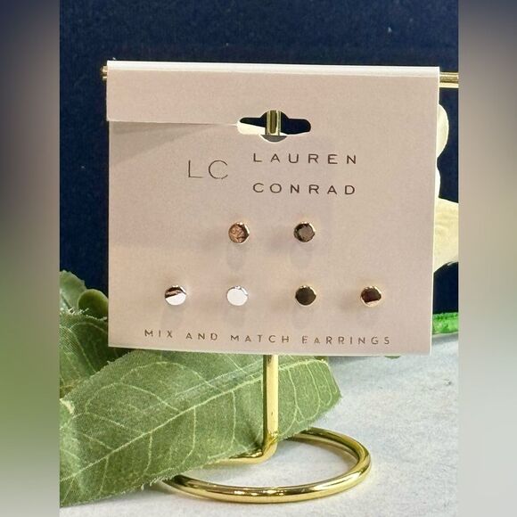 LC Lauren Conrad 3 pairs Gold Silver and Rose Gold Tone Stud Earrings - Picture 1 of 5